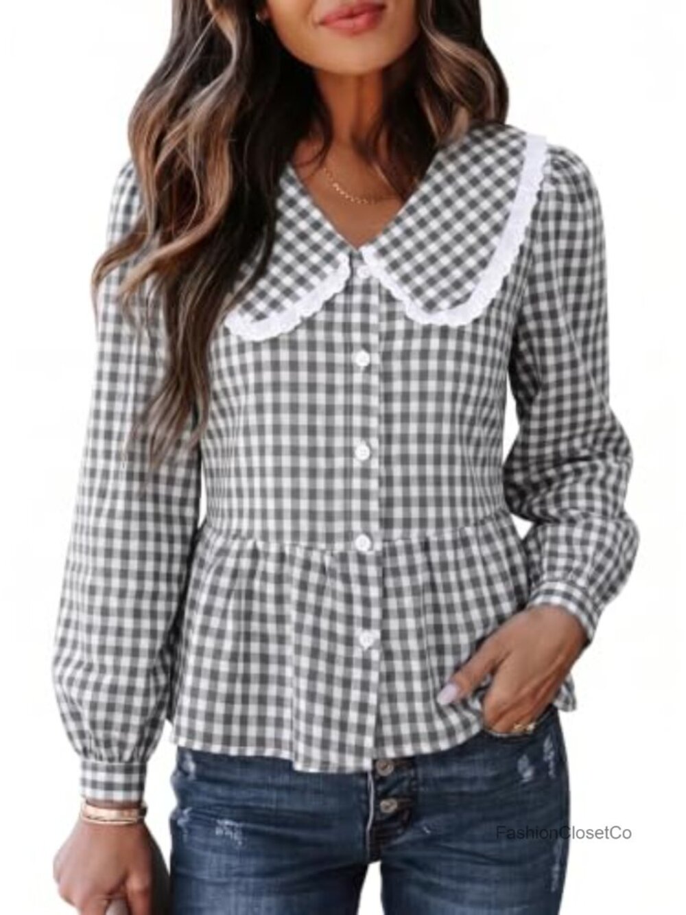 Women's Gingham Button Down Shirt Peter Pan Collar Long Sleeve Cropped Fit